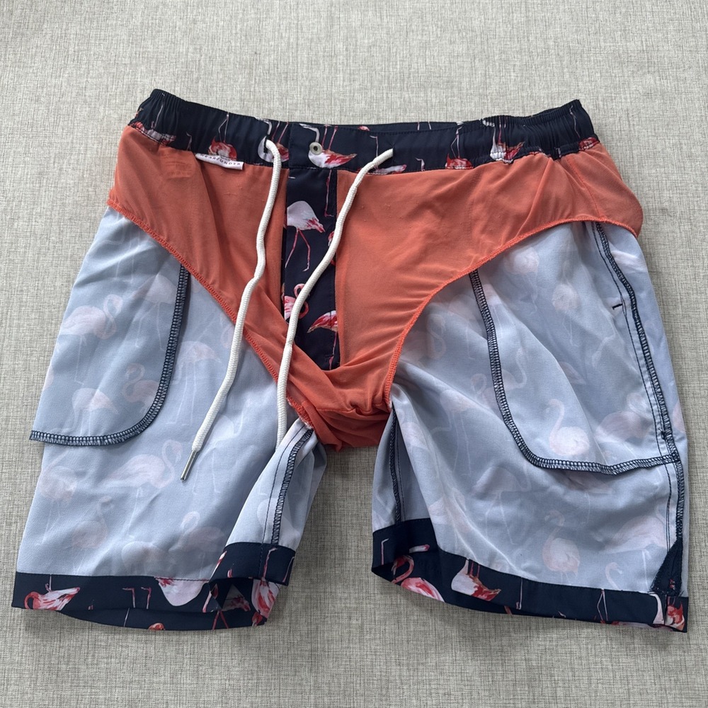 Mosmann Australia Swim Trunks Men's Medium Navy Pink Flamingo Beach Pool Resort - Picture 9 of 9